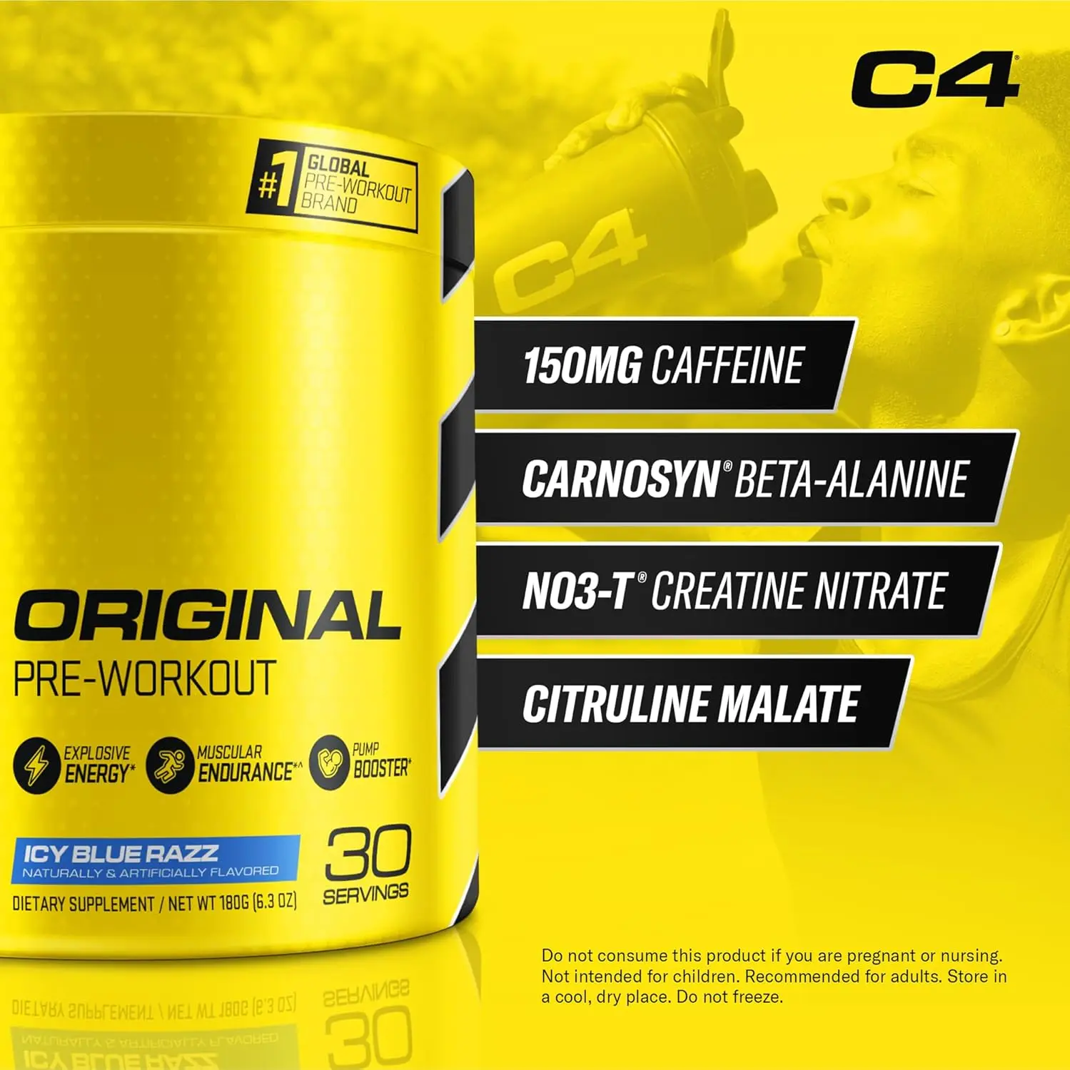 Cellucor C4 Original Icy Blue Raspberry pre-workout powder offers sugar-free energy with caffeine, beta-alanine, creatine, and vitamin C, formulated with care in hygienic packaging for both men and women.