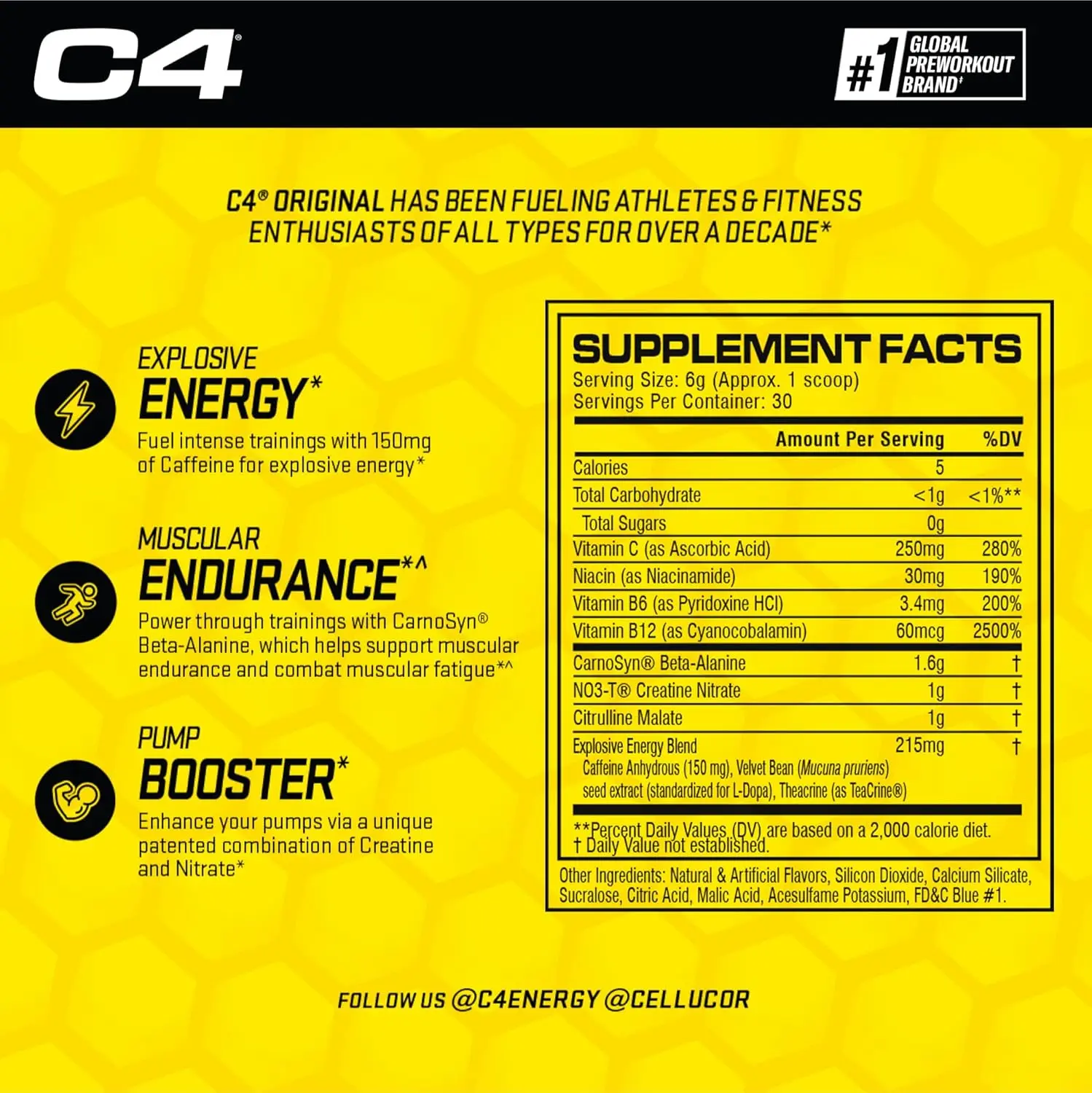 Cellucor C4 Original Icy Blue Raspberry pre-workout powder offers sugar-free energy with caffeine, beta-alanine, creatine, and vitamin C, formulated with care in hygienic packaging for both men and women.