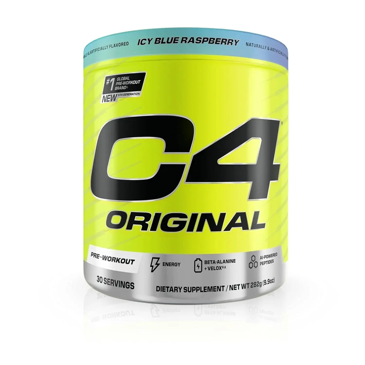 Cellucor C4 Original Icy Blue Raspberry pre-workout powder offers sugar-free energy with caffeine, beta-alanine, creatine, and vitamin C, formulated with care in hygienic packaging for both men and women.