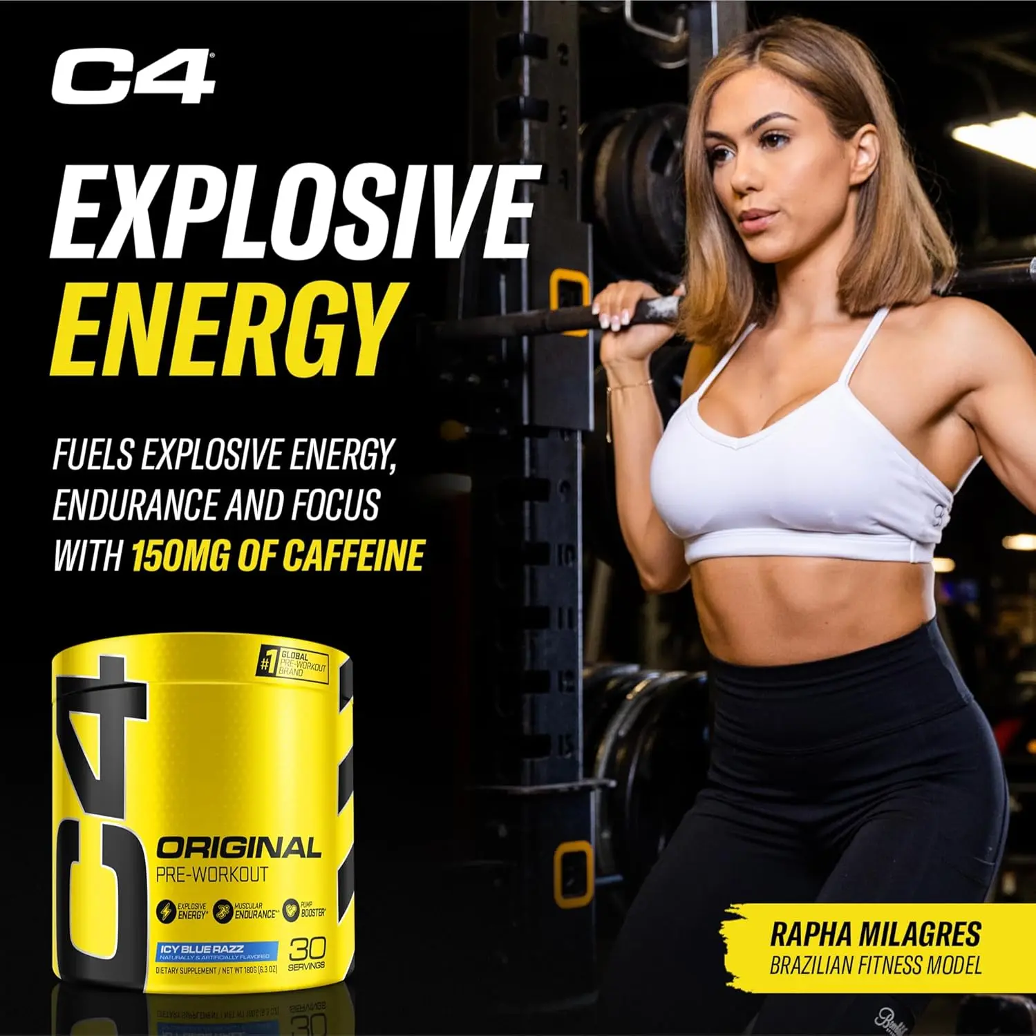 Cellucor C4 Original Icy Blue Raspberry pre-workout powder offers sugar-free energy with caffeine, beta-alanine, creatine, and vitamin C, formulated with care in hygienic packaging for both men and women.