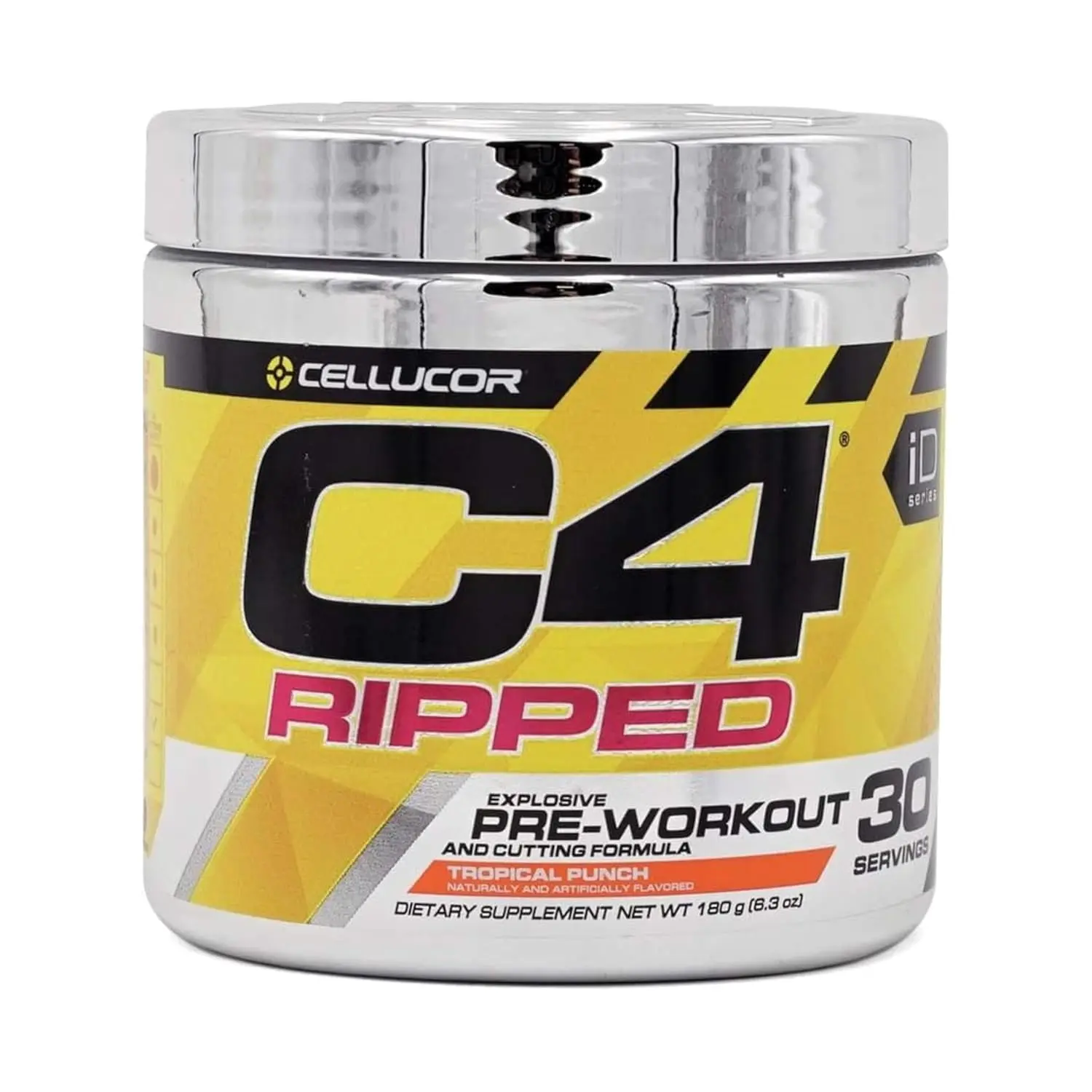 This image shows a tub of Cellucor C4 Ripped pre-workout powder in Tropical Punch flavor, a creatine and sugar free energy supplement designed for both men and women, containing 150mg of caffeine and beta alanine to support fat loss and increase endurance during workouts.