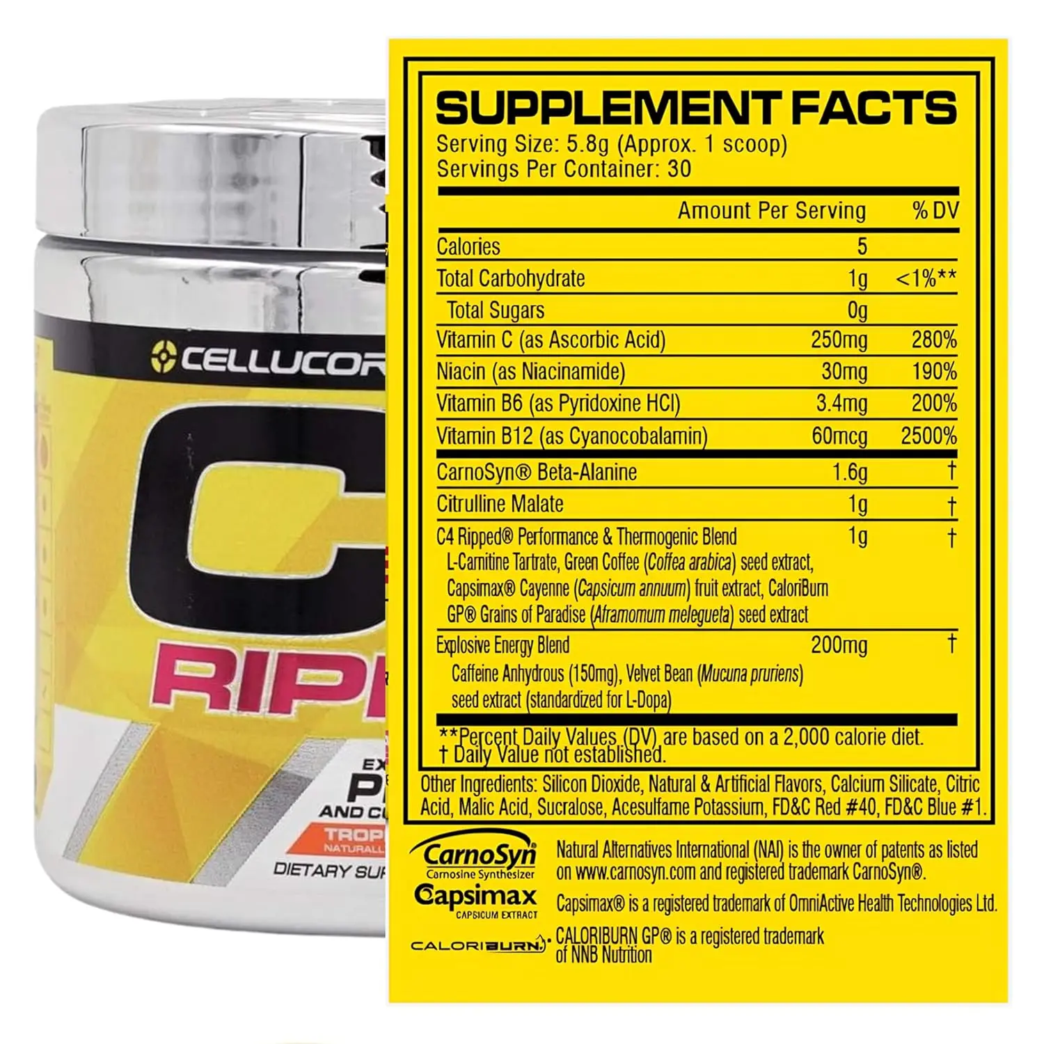 This image shows a tub of Cellucor C4 Ripped pre-workout powder in Tropical Punch flavor, a creatine and sugar free energy supplement designed for both men and women, containing 150mg of caffeine and beta alanine to support fat loss and increase endurance during workouts.