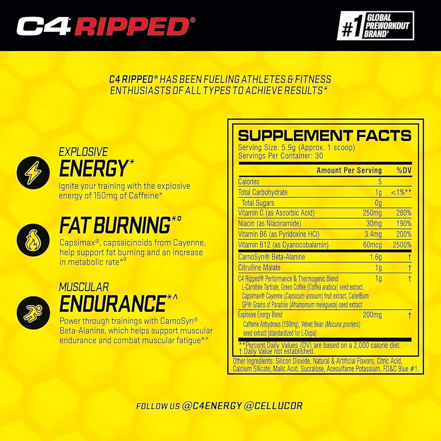 This image shows a tub of Cellucor C4 Ripped pre-workout powder in Tropical Punch flavor, a creatine and sugar free energy supplement designed for both men and women, containing 150mg of caffeine and beta alanine to support fat loss and increase endurance during workouts.