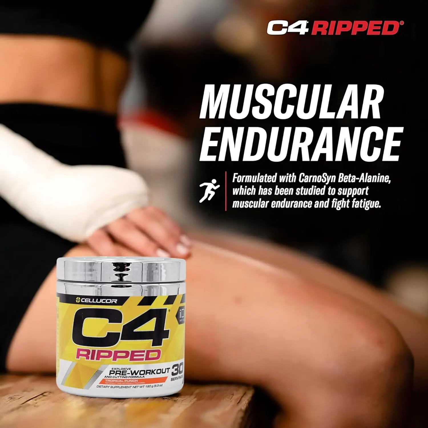 This image shows a tub of Cellucor C4 Ripped pre-workout powder in Tropical Punch flavor, a creatine and sugar free energy supplement designed for both men and women, containing 150mg of caffeine and beta alanine to support fat loss and increase endurance during workouts.