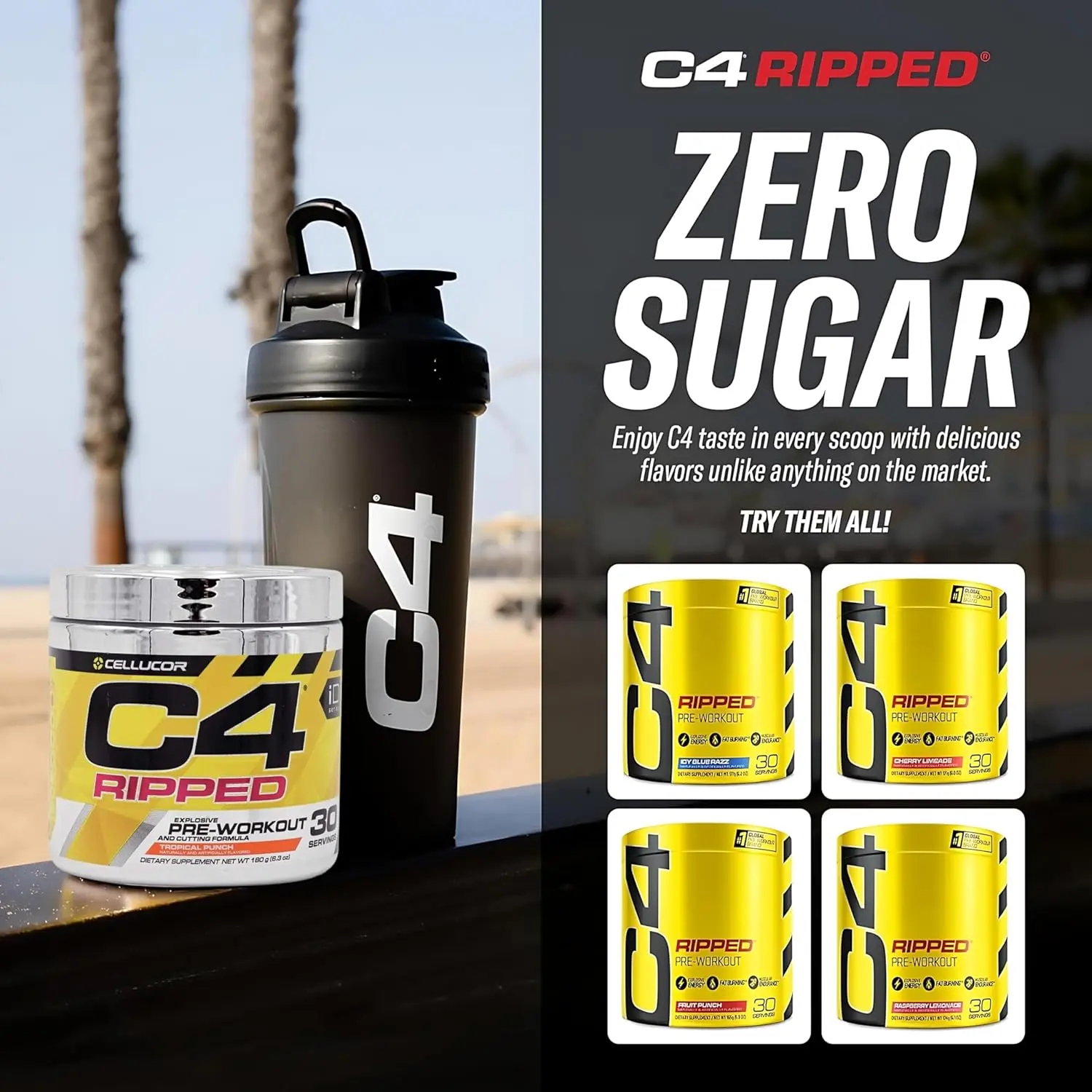 This image shows a tub of Cellucor C4 Ripped pre-workout powder in Tropical Punch flavor, a creatine and sugar free energy supplement designed for both men and women, containing 150mg of caffeine and beta alanine to support fat loss and increase endurance during workouts.