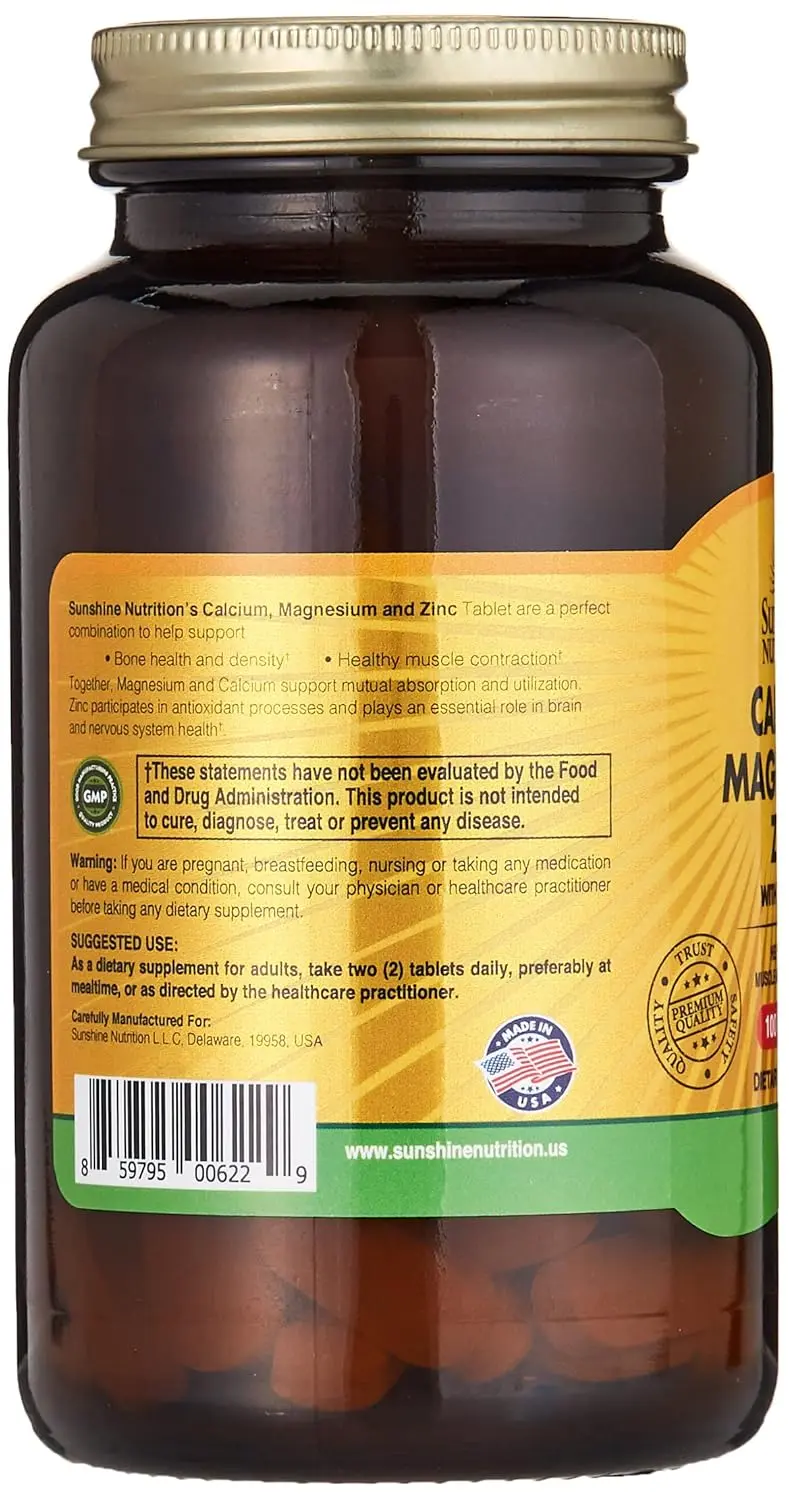 Sunshine Nutrition Calcium Magnesium Zinc and Vitamin D tablets promote bone health, immunity, improve mood, and maintain healthy blood sugar levels.