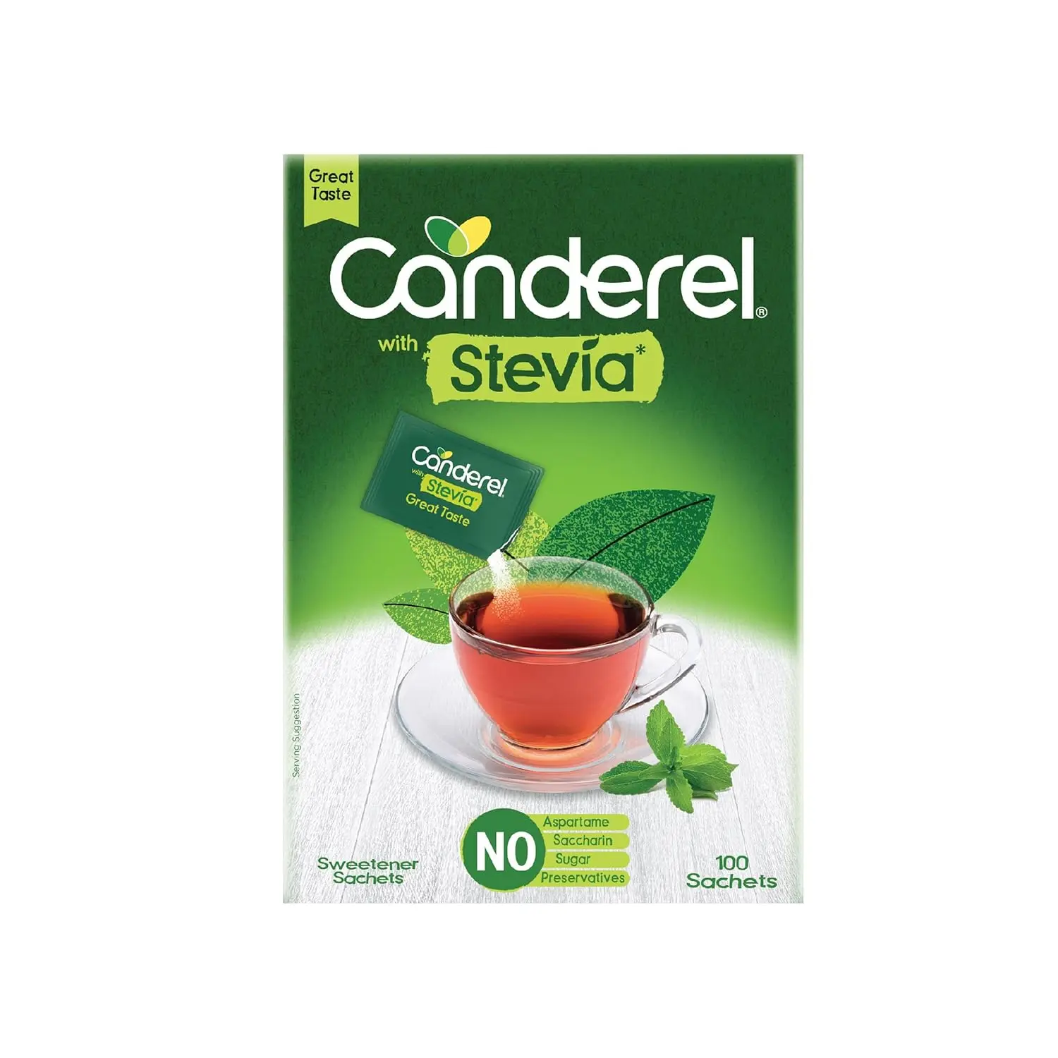 This image displays a pack of Canderel Stevia Sweetener Sachets, offering a sugar-free alternative for sweetening beverages like coffee and tea with zero calories and suitable for diabetics.