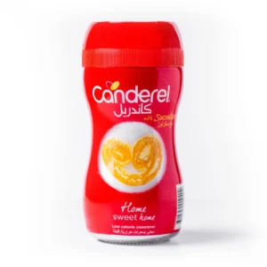 A jar of Canderel granulated sweetener, a low-calorie sucralose alternative suitable for diabetics, vegans, and Keto/Paleo diets.