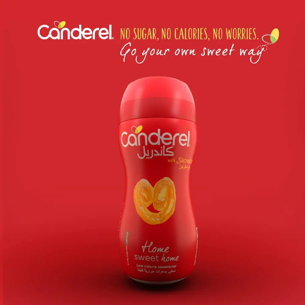 A jar of Canderel granulated sweetener, a low-calorie sucralose alternative suitable for diabetics, vegans, and Keto/Paleo diets.