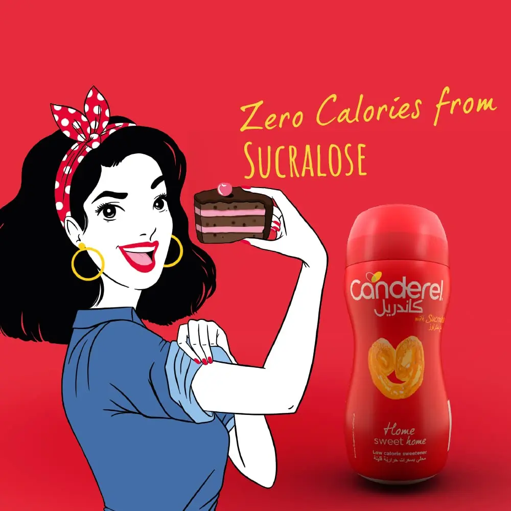 A jar of Canderel granulated sweetener, a low-calorie sucralose alternative suitable for diabetics, vegans, and Keto/Paleo diets.