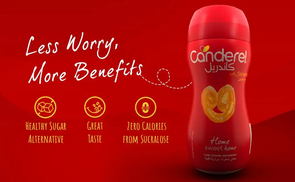 A jar of Canderel granulated sweetener, a low-calorie sucralose alternative suitable for diabetics, vegans, and Keto/Paleo diets.