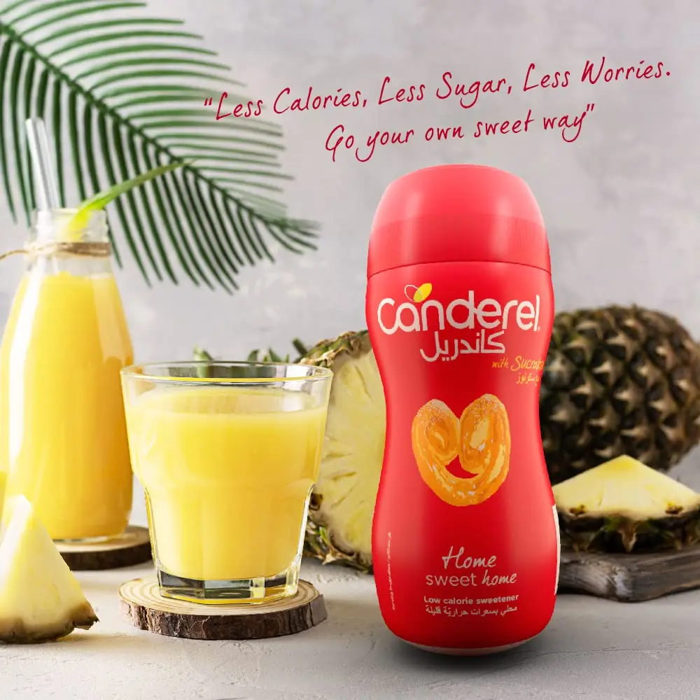 A jar of Canderel granulated sweetener, a low-calorie sucralose alternative suitable for diabetics, vegans, and Keto/Paleo diets.