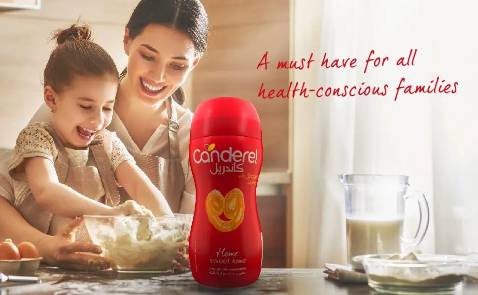 A jar of Canderel granulated sweetener, a low-calorie sucralose alternative suitable for diabetics, vegans, and Keto/Paleo diets.