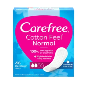 Close-up of a pack of Carefree Cotton Feel Normal panty liners with fresh scent, containing 56 pieces for everyday freshness.