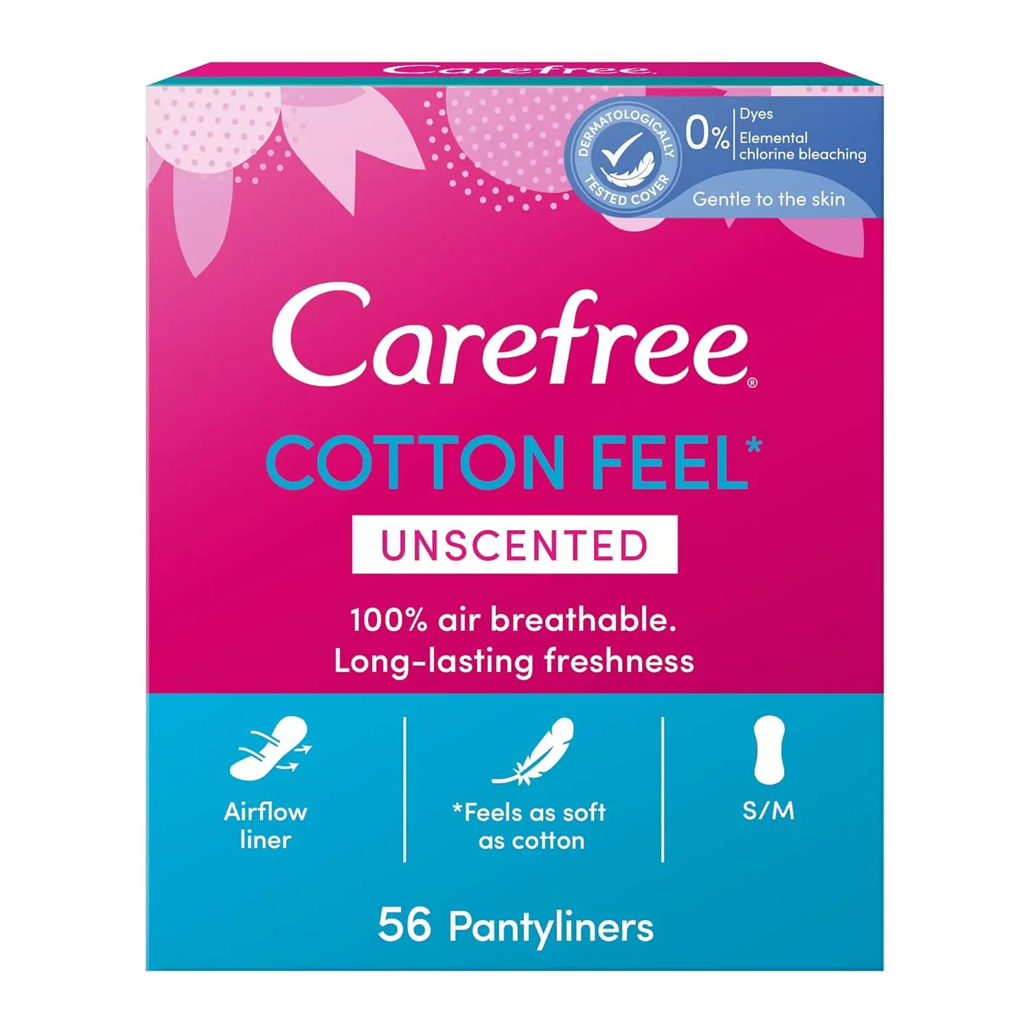 Pack of Carefree Cotton Feel perfume-free panty liners with breathable design and natural cotton extract for all-day freshness and comfortable, secure protection.