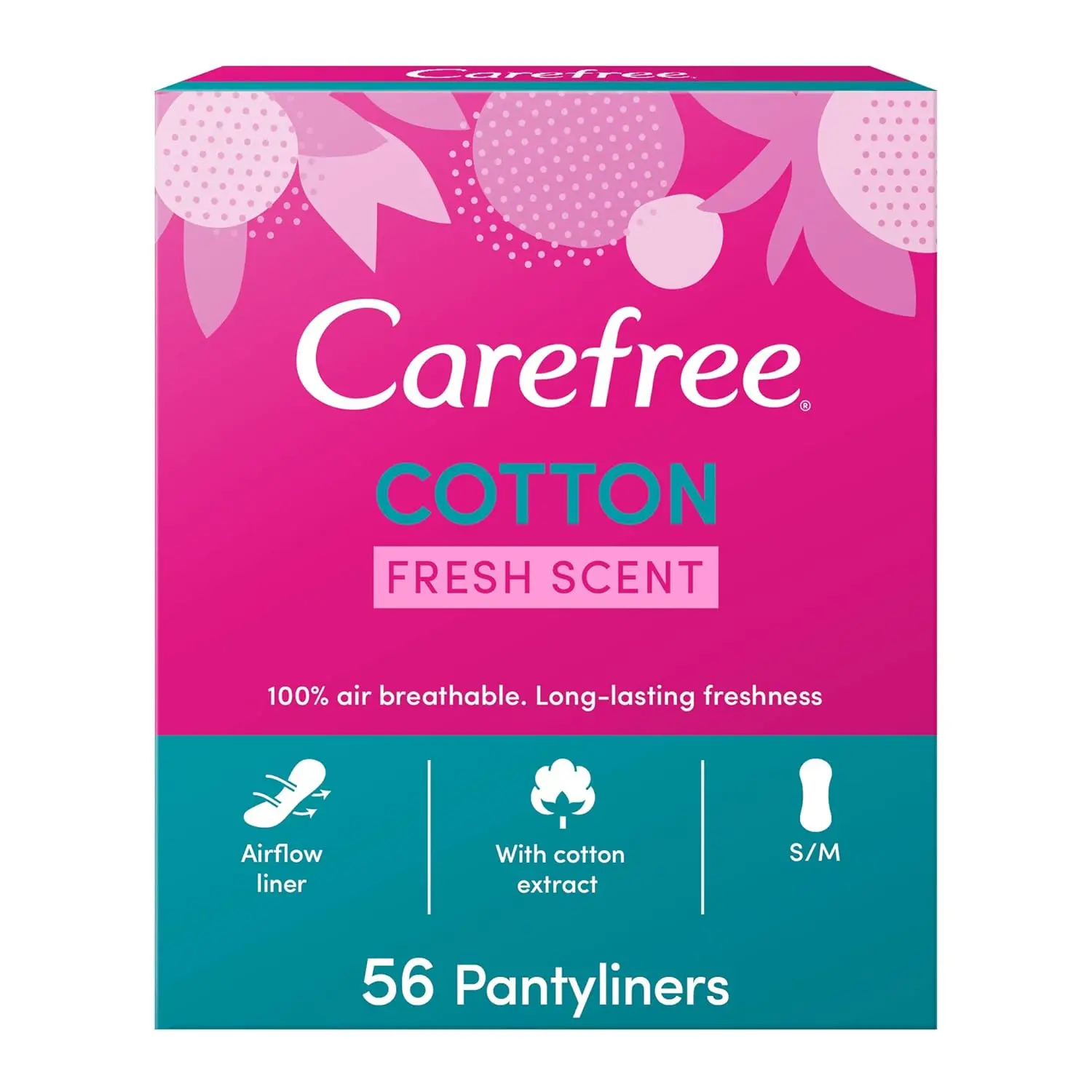 This image shows a package of Carefree Daily Cotton Panty Liners with a fresh scent, offering breathable comfort and discreet protection for everyday use and sensitive skin.