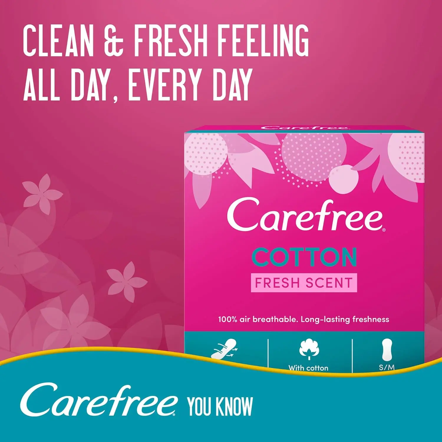 This image shows a package of Carefree Daily Cotton Panty Liners with a fresh scent, offering breathable comfort and discreet protection for everyday use and sensitive skin.
