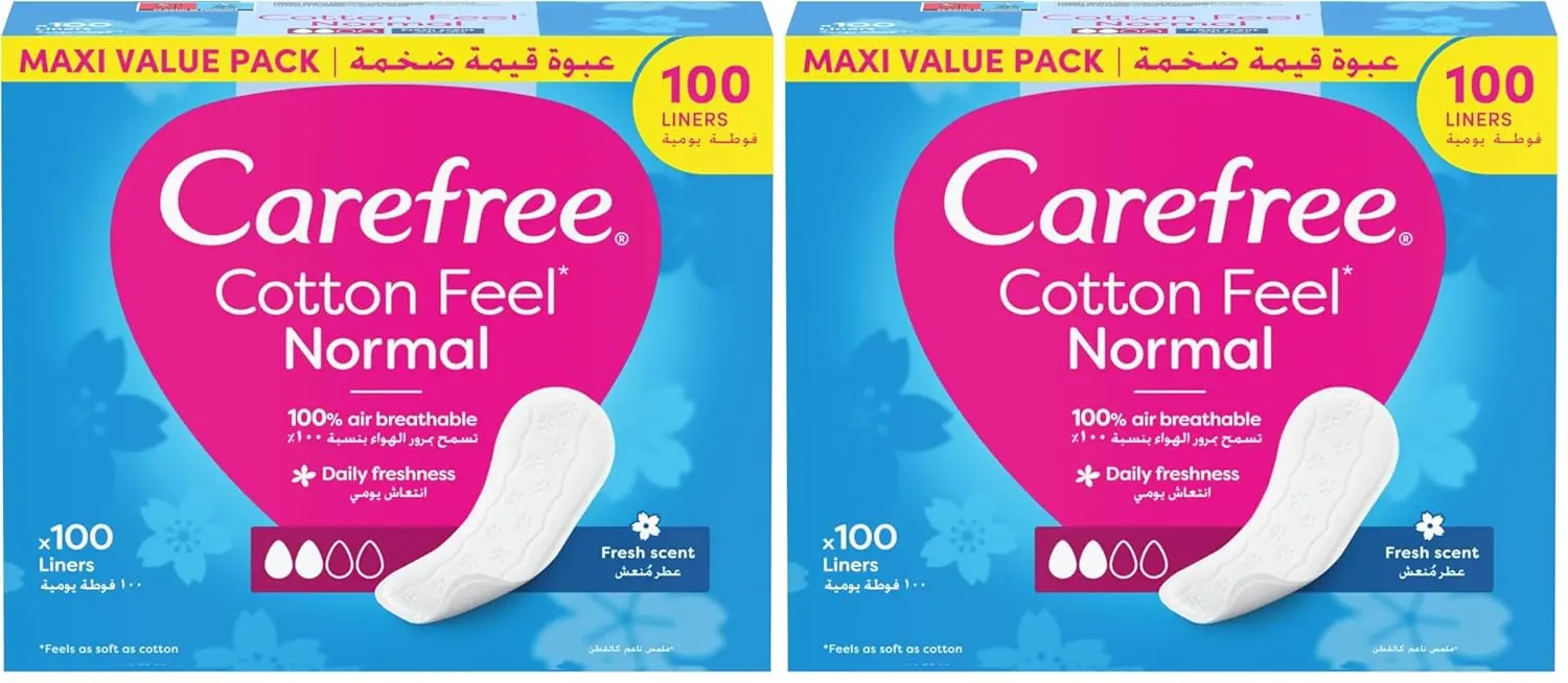 This image shows a package of Carefree Daily Cotton Panty Liners with a fresh scent, offering breathable comfort and discreet protection for everyday use and sensitive skin.