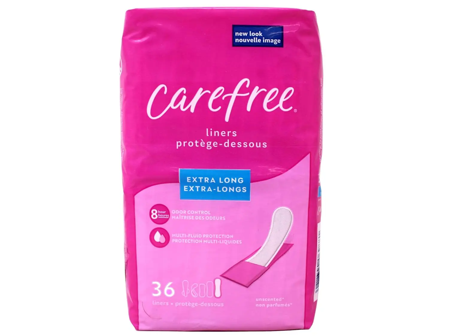 A package of Carefree Body Shape Extra Long pantiliners featuring 8-hour odor control and a thin, absorbent design.