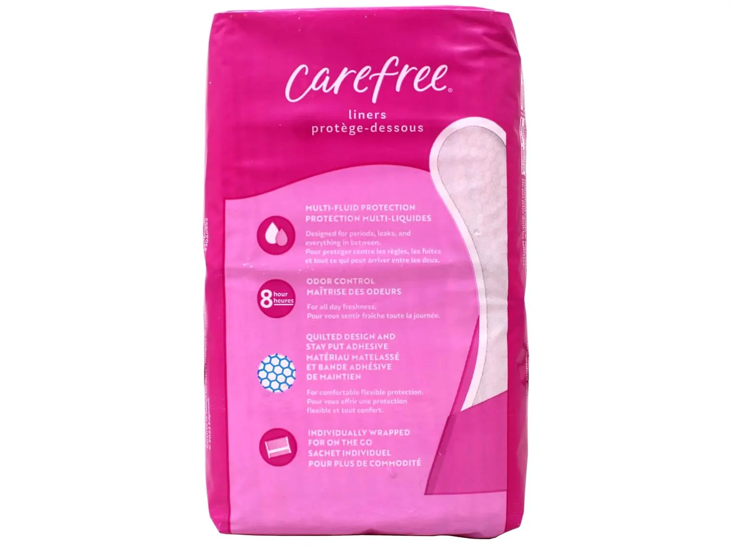 A package of Carefree Body Shape Extra Long pantiliners featuring 8-hour odor control and a thin, absorbent design.