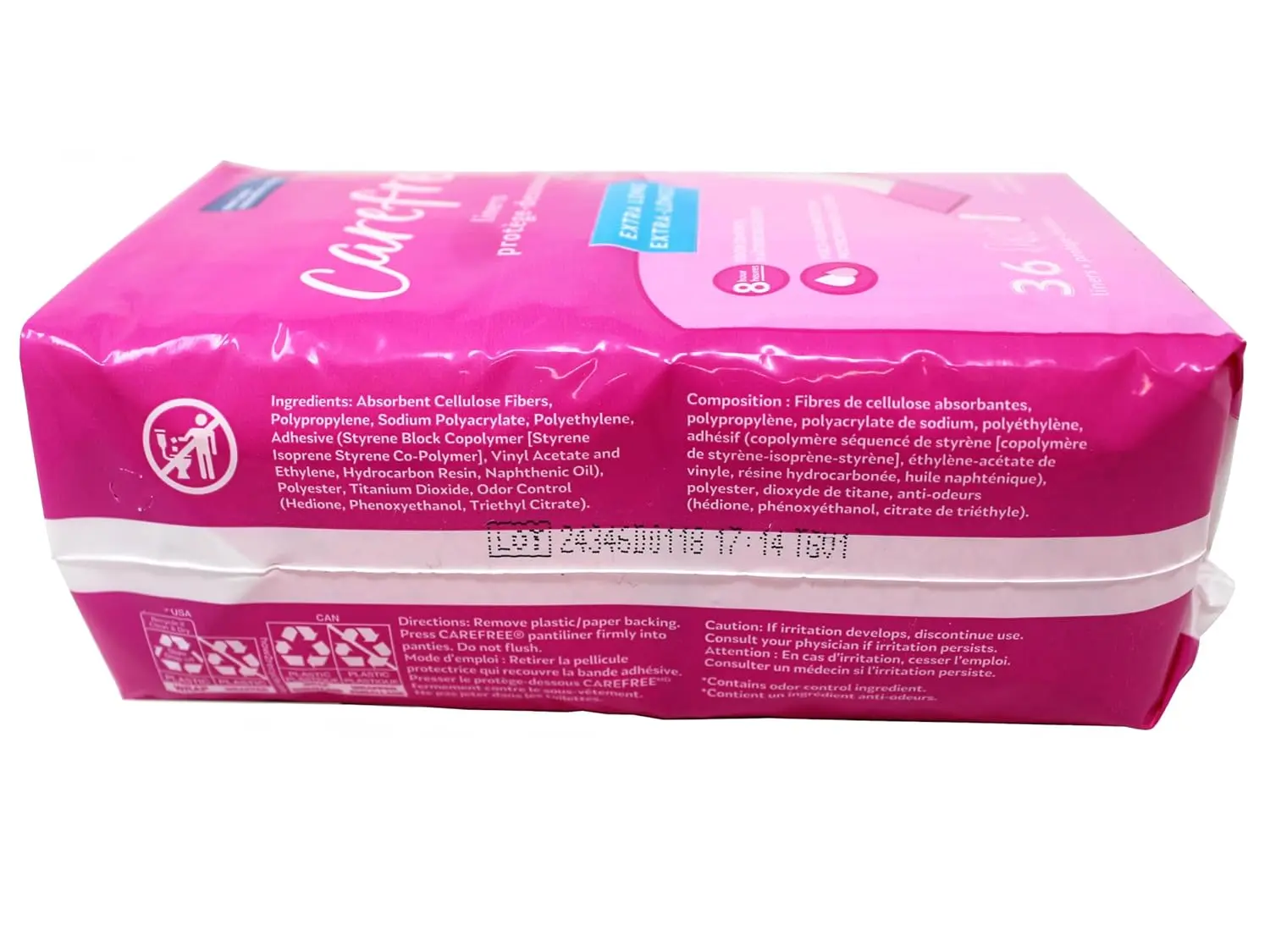 A package of Carefree Body Shape Extra Long pantiliners featuring 8-hour odor control and a thin, absorbent design.