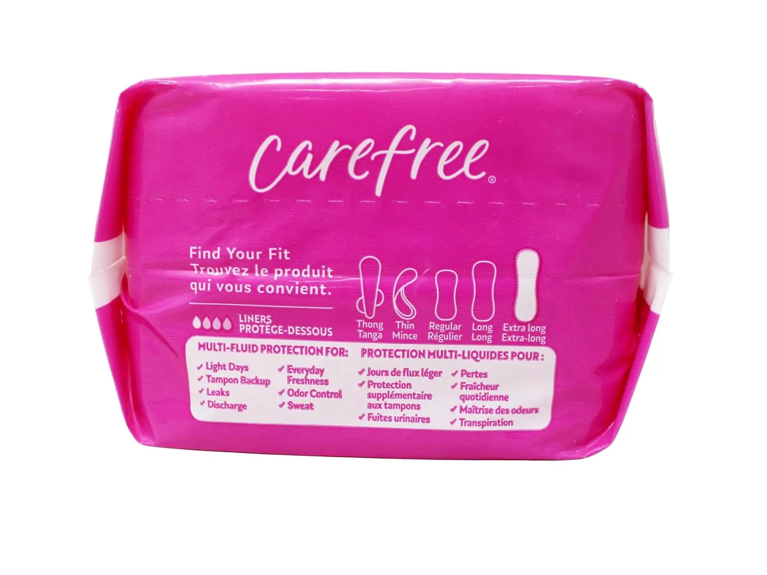 A package of Carefree Body Shape Extra Long pantiliners featuring 8-hour odor control and a thin, absorbent design.