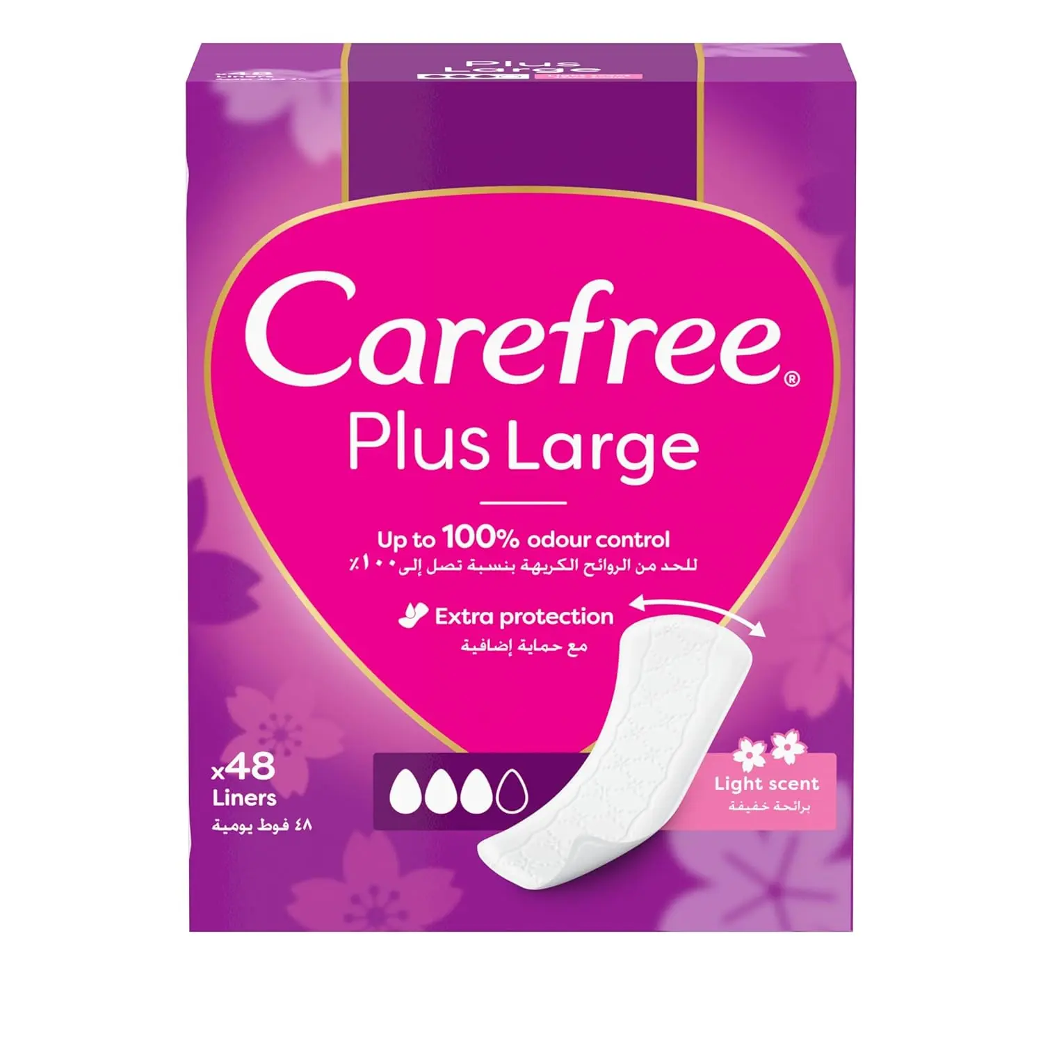 Carefree Plus Large panty liners offer discreet daily protection, absorbing light leaks and discharge for all-day freshness and comfort, even on sensitive skin.