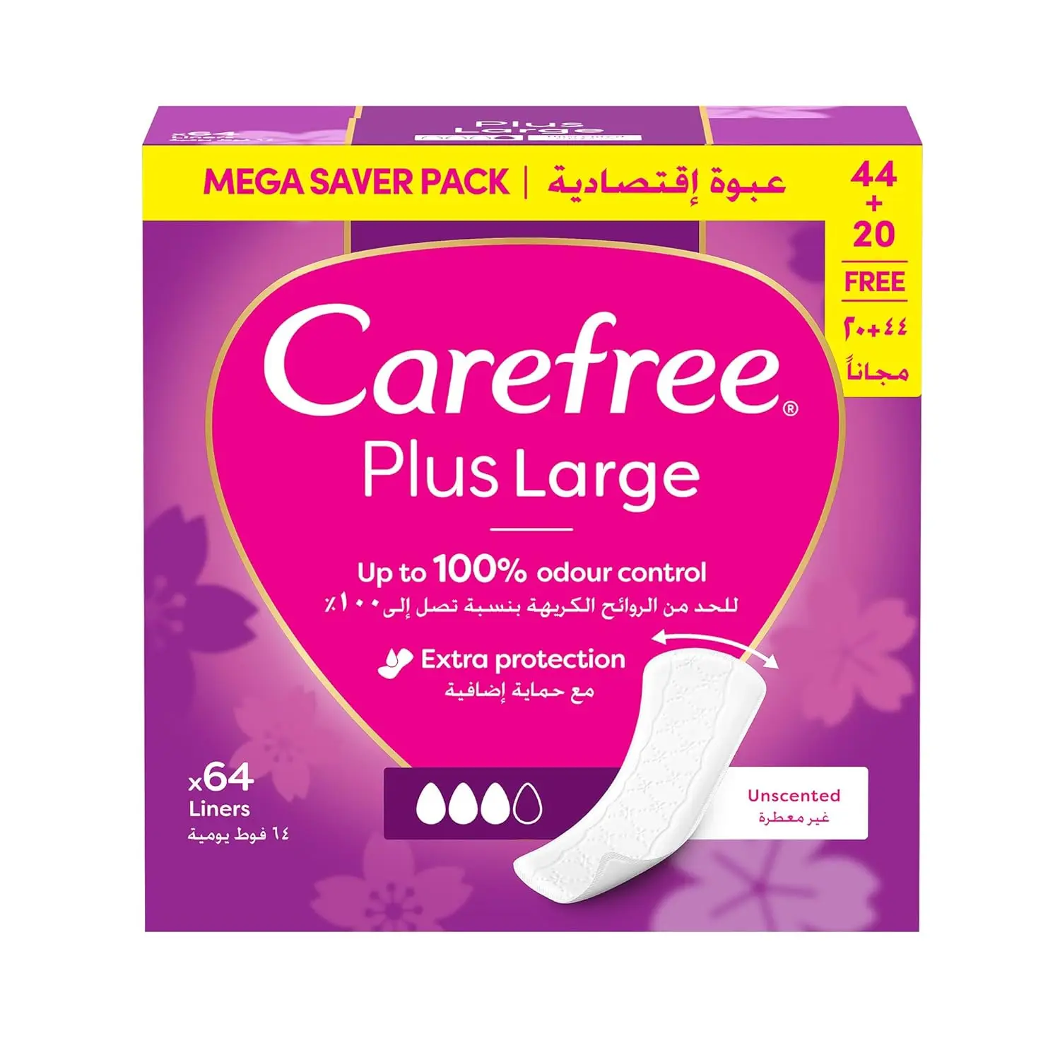 This image shows a Carefree Large unscented panty liner, designed for daily freshness, comfort and discreet protection, ideal for sensitive skin.