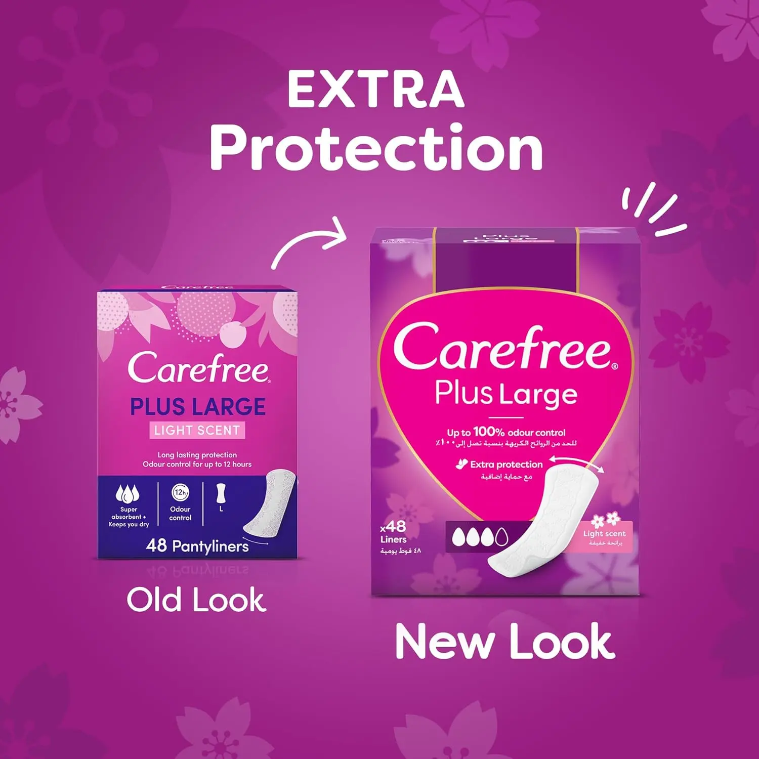 Carefree Plus Large panty liners offer discreet daily protection, absorbing light leaks and discharge for all-day freshness and comfort, even on sensitive skin.
