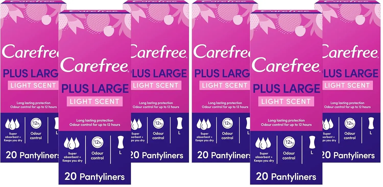 Carefree Plus Large panty liners offer discreet daily protection, absorbing light leaks and discharge for all-day freshness and comfort, even on sensitive skin.