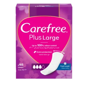 This image displays a pack of Carefree Plus Large panty liners with a fresh scent, offering discreet and reliable protection for everyday use and heavier flow days, featuring a fast absorbing cover for maximum comfort and security.
