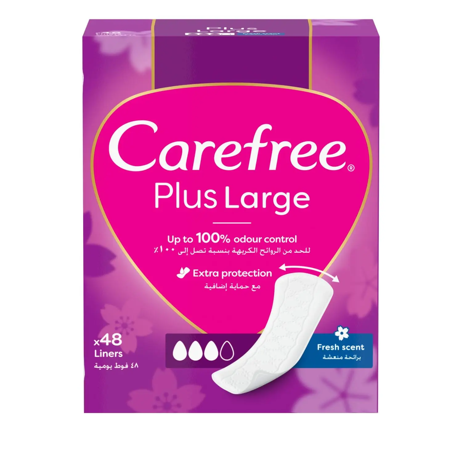 This image displays a pack of Carefree Plus Large panty liners with a fresh scent, offering discreet and reliable protection for everyday use and heavier flow days, featuring a fast absorbing cover for maximum comfort and security.