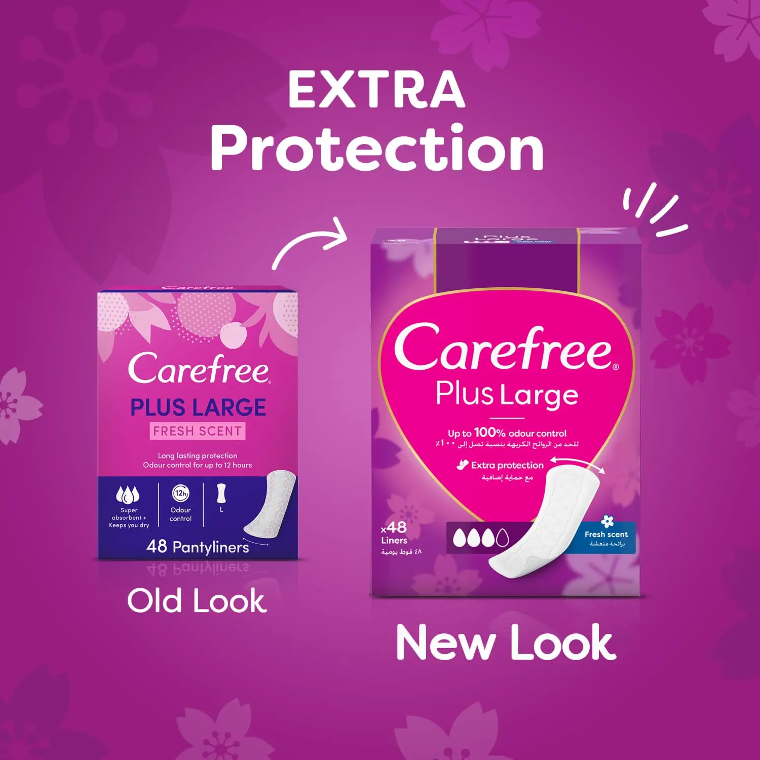 This image displays a pack of Carefree Plus Large panty liners with a fresh scent, offering discreet and reliable protection for everyday use and heavier flow days, featuring a fast absorbing cover for maximum comfort and security.