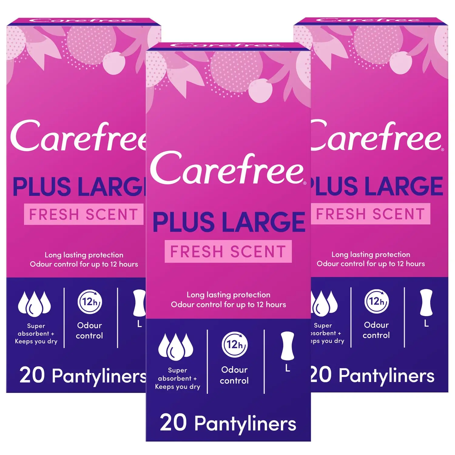 This image displays a pack of Carefree Plus Large panty liners with a fresh scent, offering discreet and reliable protection for everyday use and heavier flow days, featuring a fast absorbing cover for maximum comfort and security.