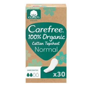 Pack of Carefree organic cotton panty liners, offering air breathable freshness and comfort with eco-friendly, recycled packaging.