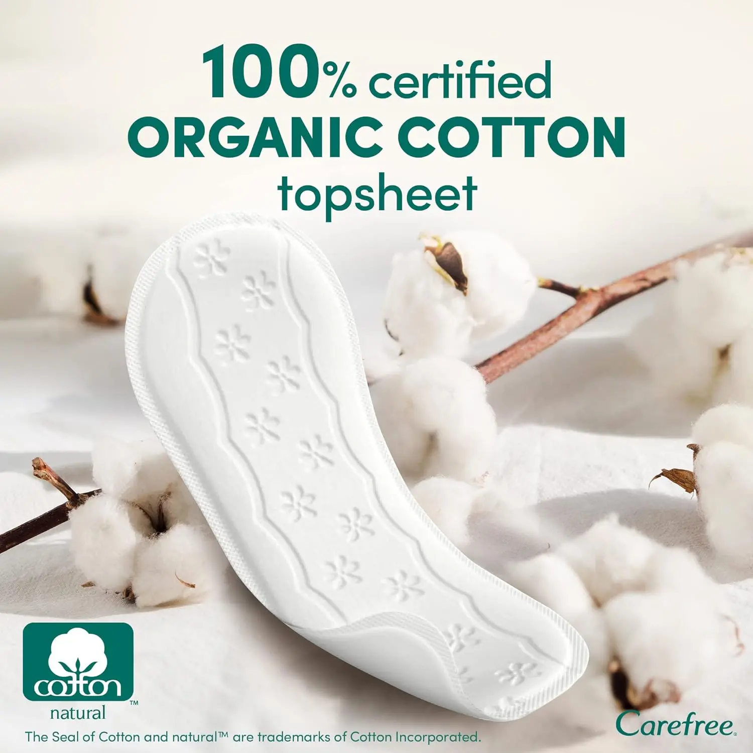 Pack of Carefree organic cotton panty liners, offering air breathable freshness and comfort with eco-friendly, recycled packaging.