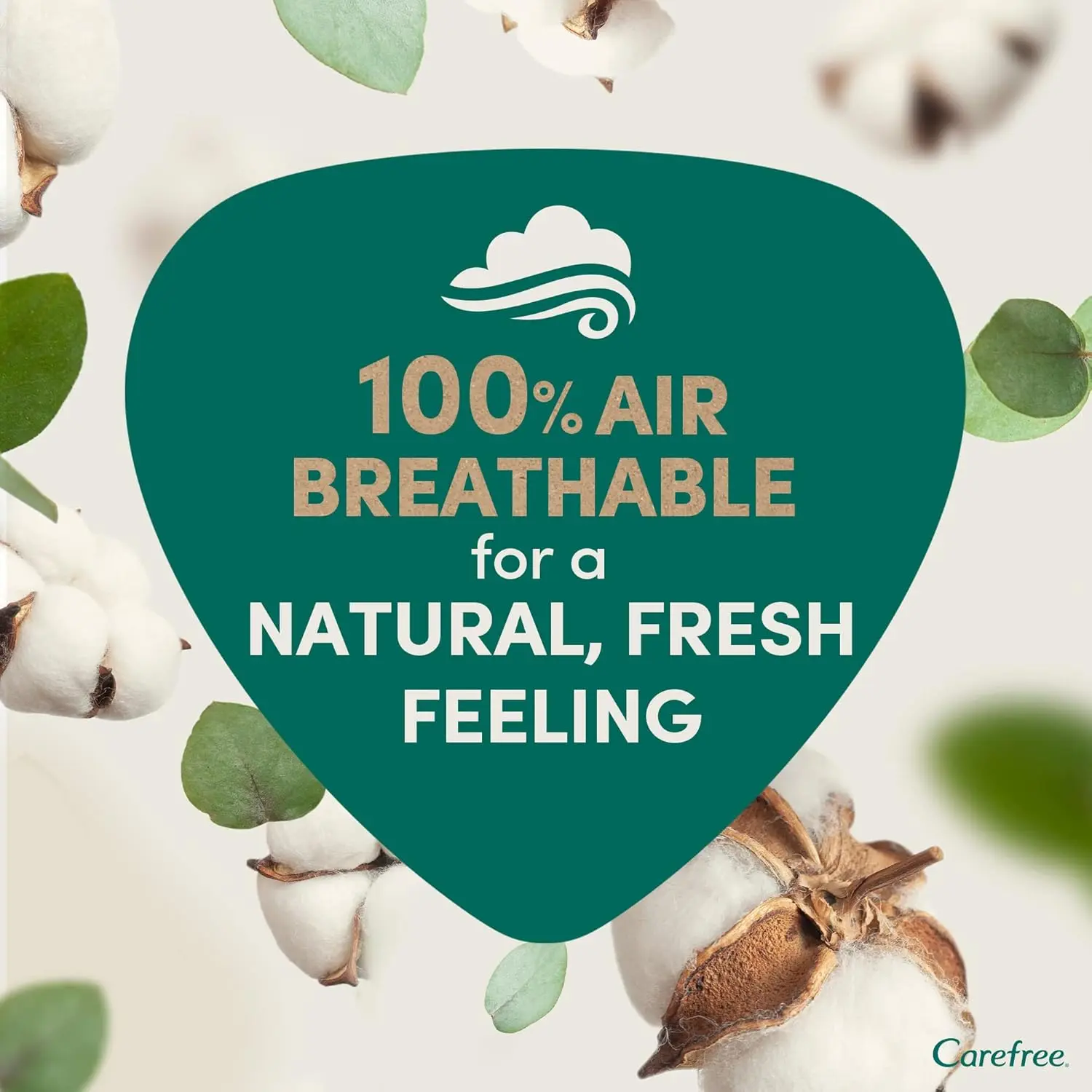 Pack of Carefree organic cotton panty liners, offering air breathable freshness and comfort with eco-friendly, recycled packaging.