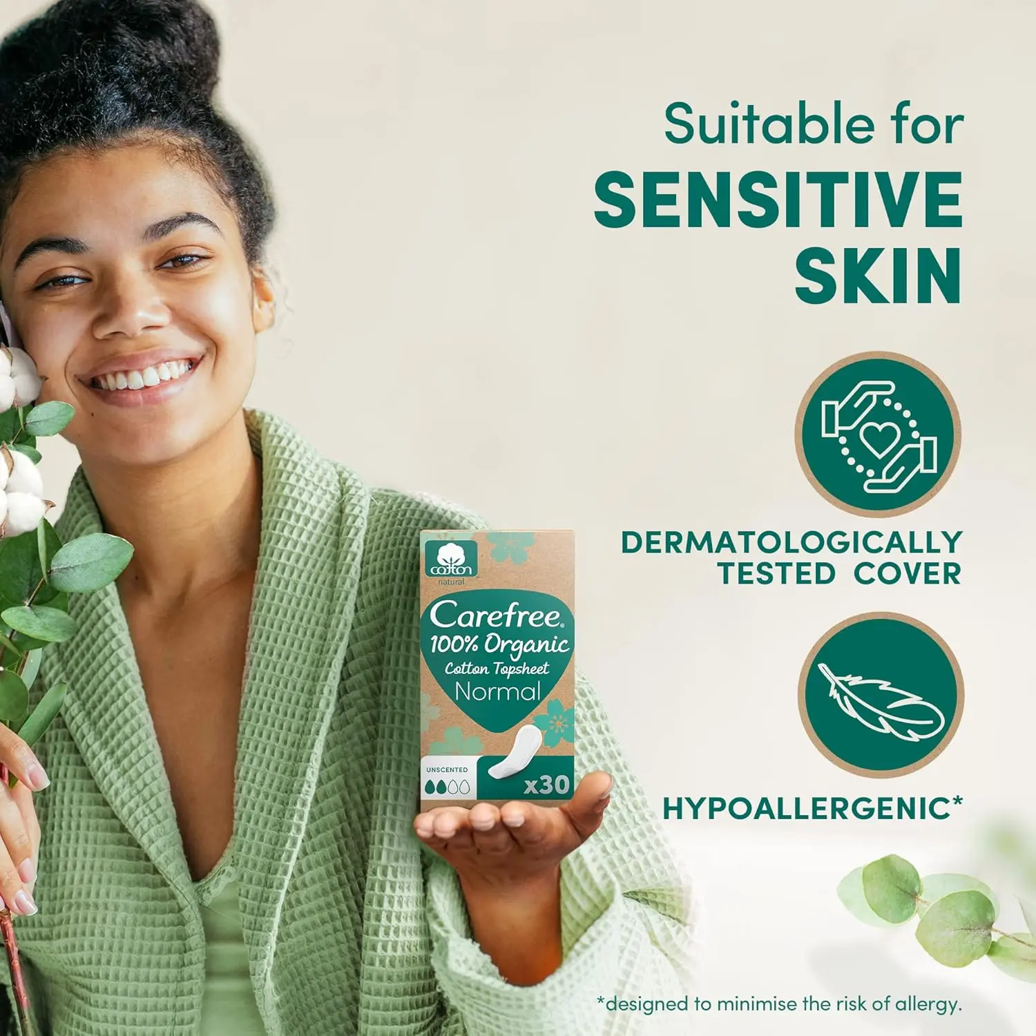 Pack of Carefree organic cotton panty liners, offering air breathable freshness and comfort with eco-friendly, recycled packaging.