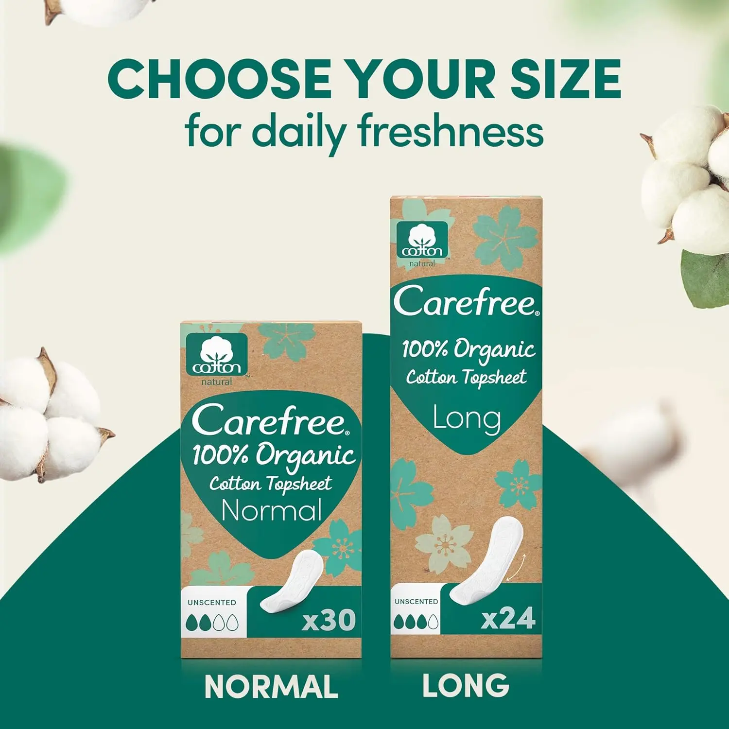 Pack of Carefree organic cotton panty liners, offering air breathable freshness and comfort with eco-friendly, recycled packaging.