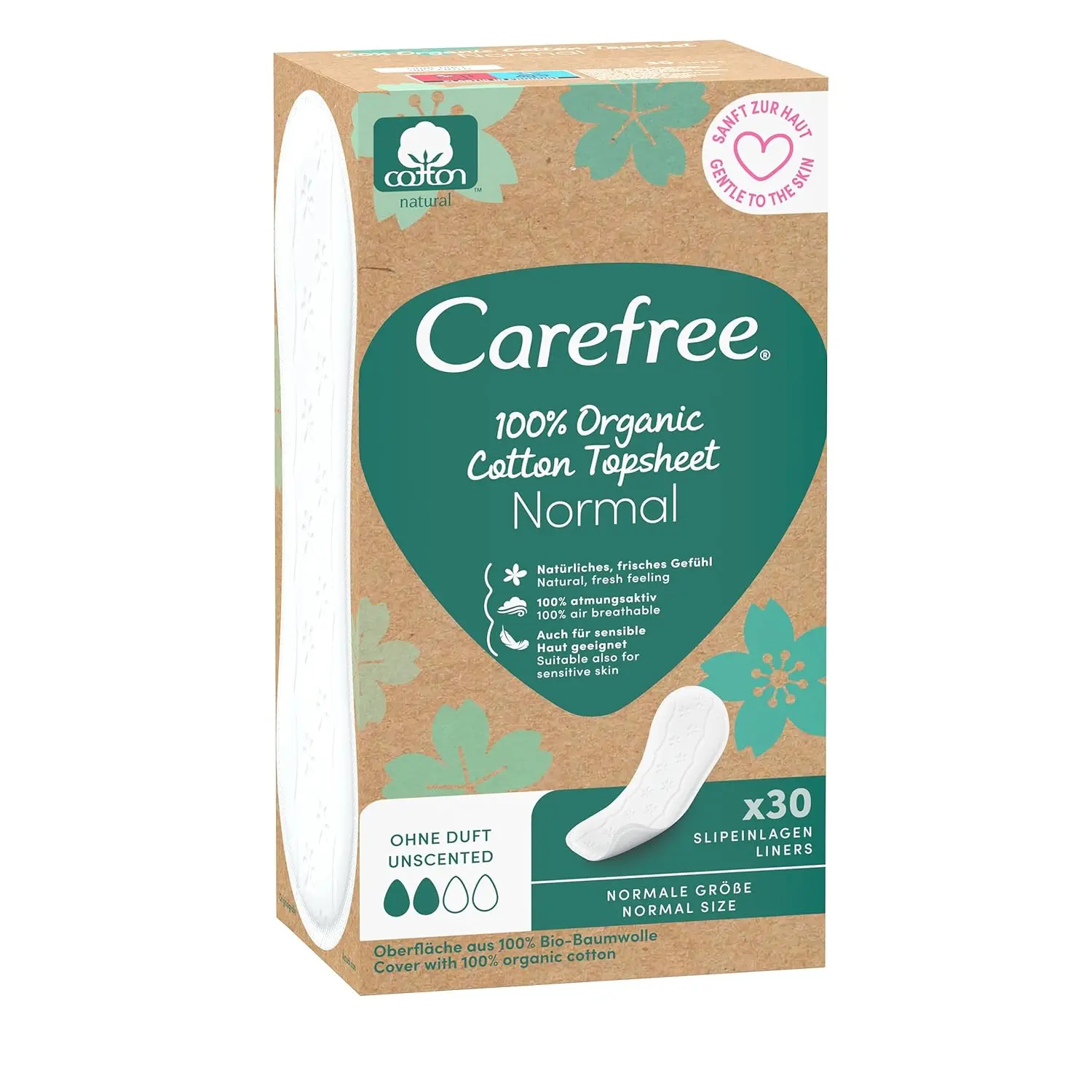A pack of 30 Carefree organic cotton pantyliners designed for sensitive skin, featuring a 100% organic cotton topsheet that is breathable, hypoallergenic, and dermatologically tested.