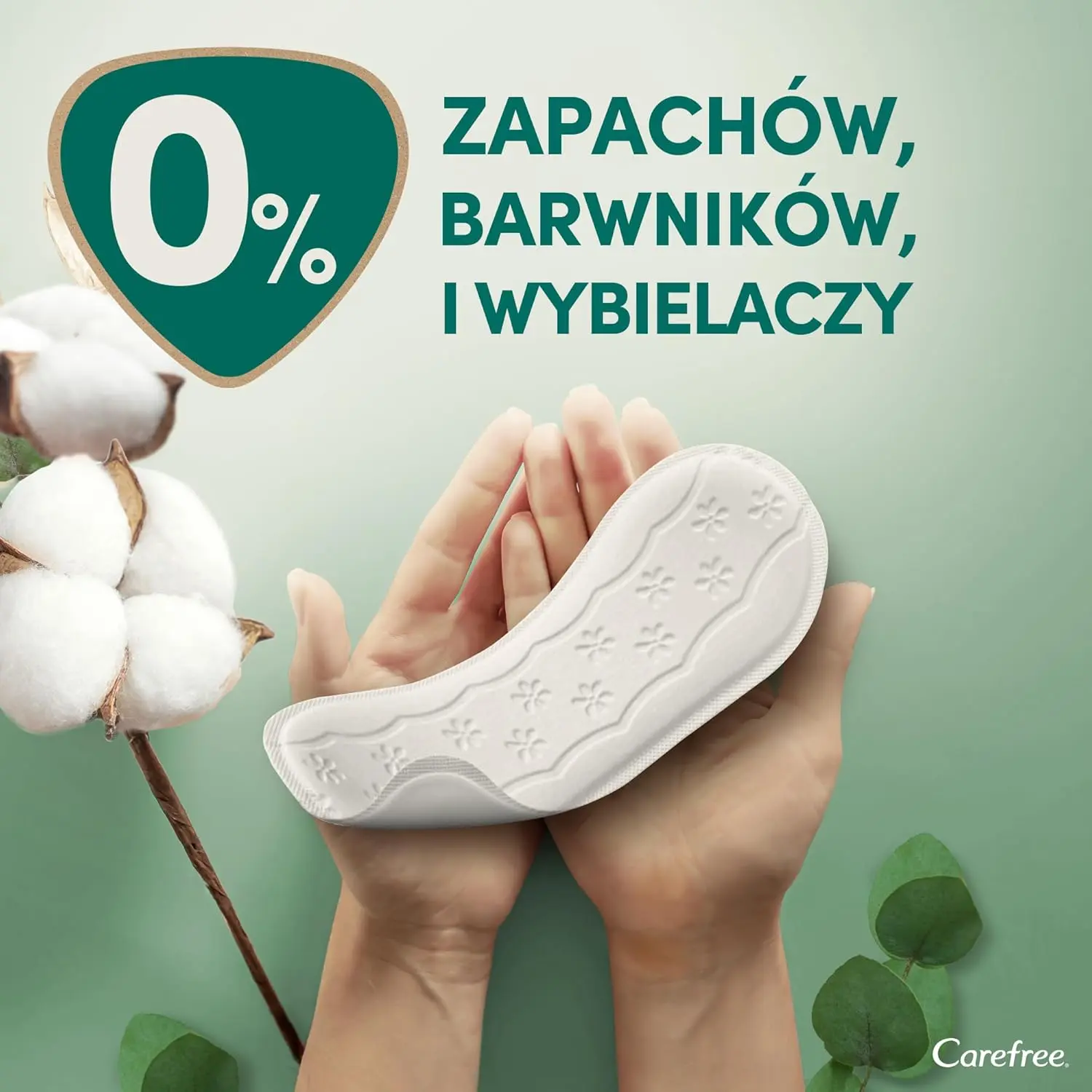 A pack of 30 Carefree organic cotton pantyliners designed for sensitive skin, featuring a 100% organic cotton topsheet that is breathable, hypoallergenic, and dermatologically tested.