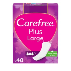Carefree Large Aloe panty liners offer discreet, comfortable, and long-lasting protection with a super-absorbent core and soothing Aloe Vera for sensitive skin.