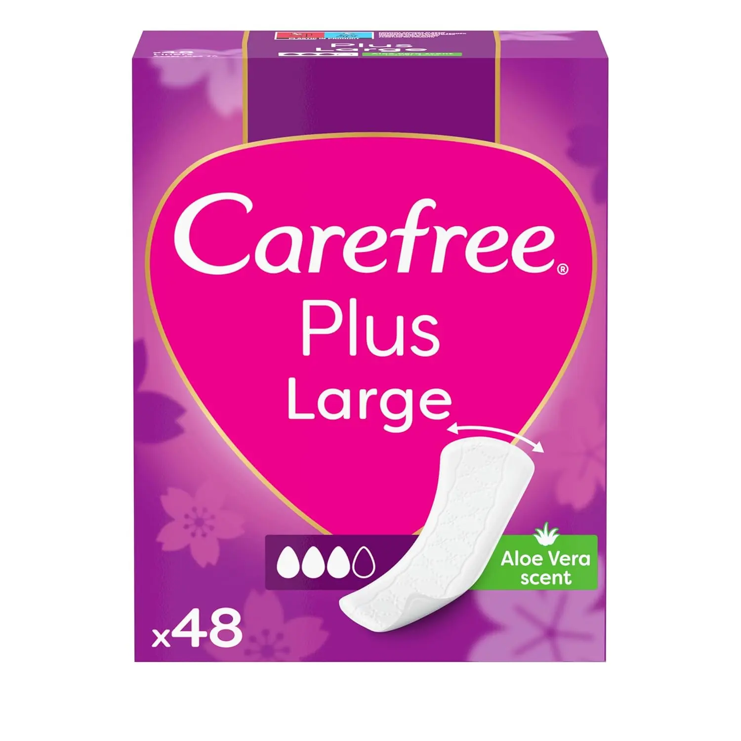 Carefree Large Aloe panty liners offer discreet, comfortable, and long-lasting protection with a super-absorbent core and soothing Aloe Vera for sensitive skin.