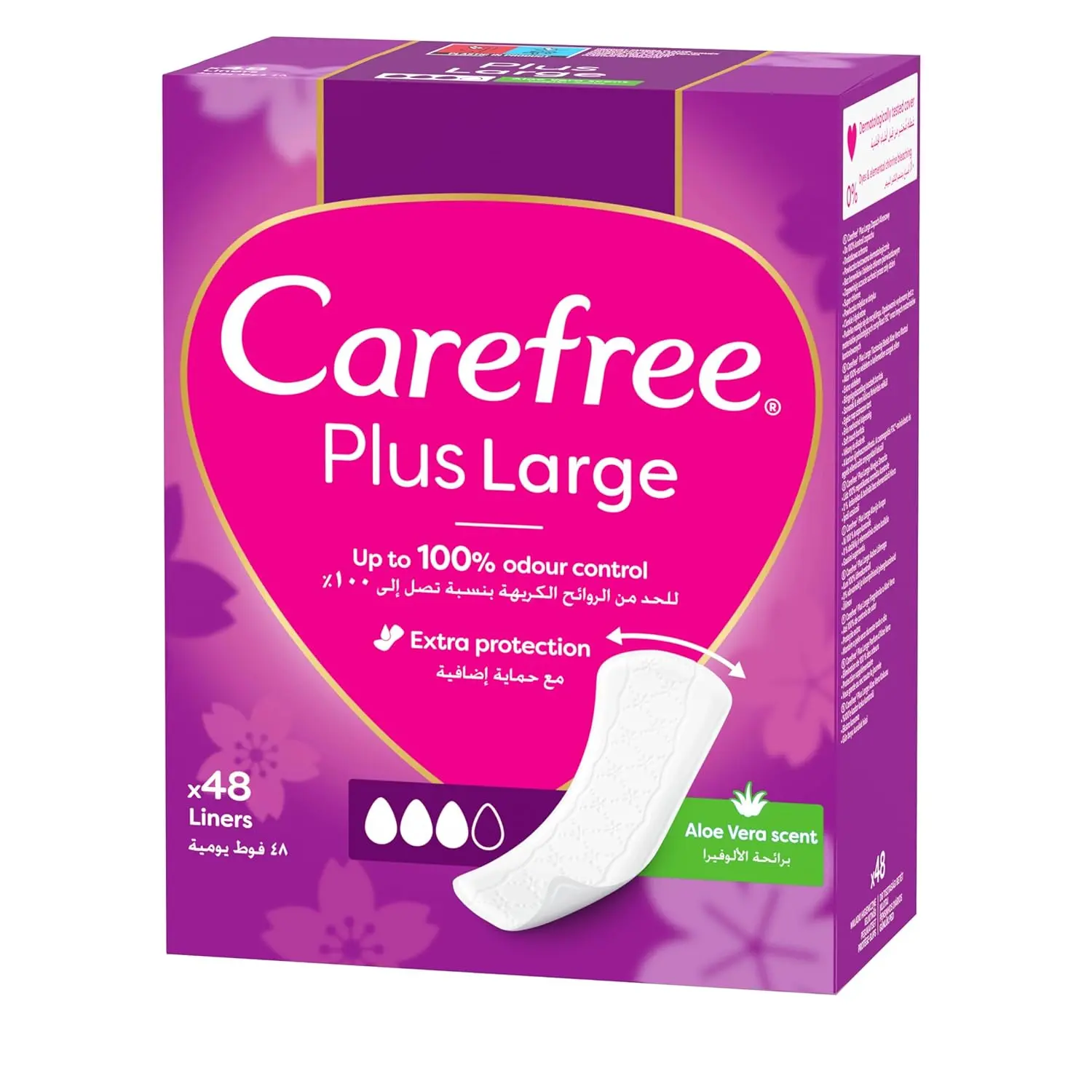 Carefree Large Aloe panty liners offer discreet, comfortable, and long-lasting protection with a super-absorbent core and soothing Aloe Vera for sensitive skin.