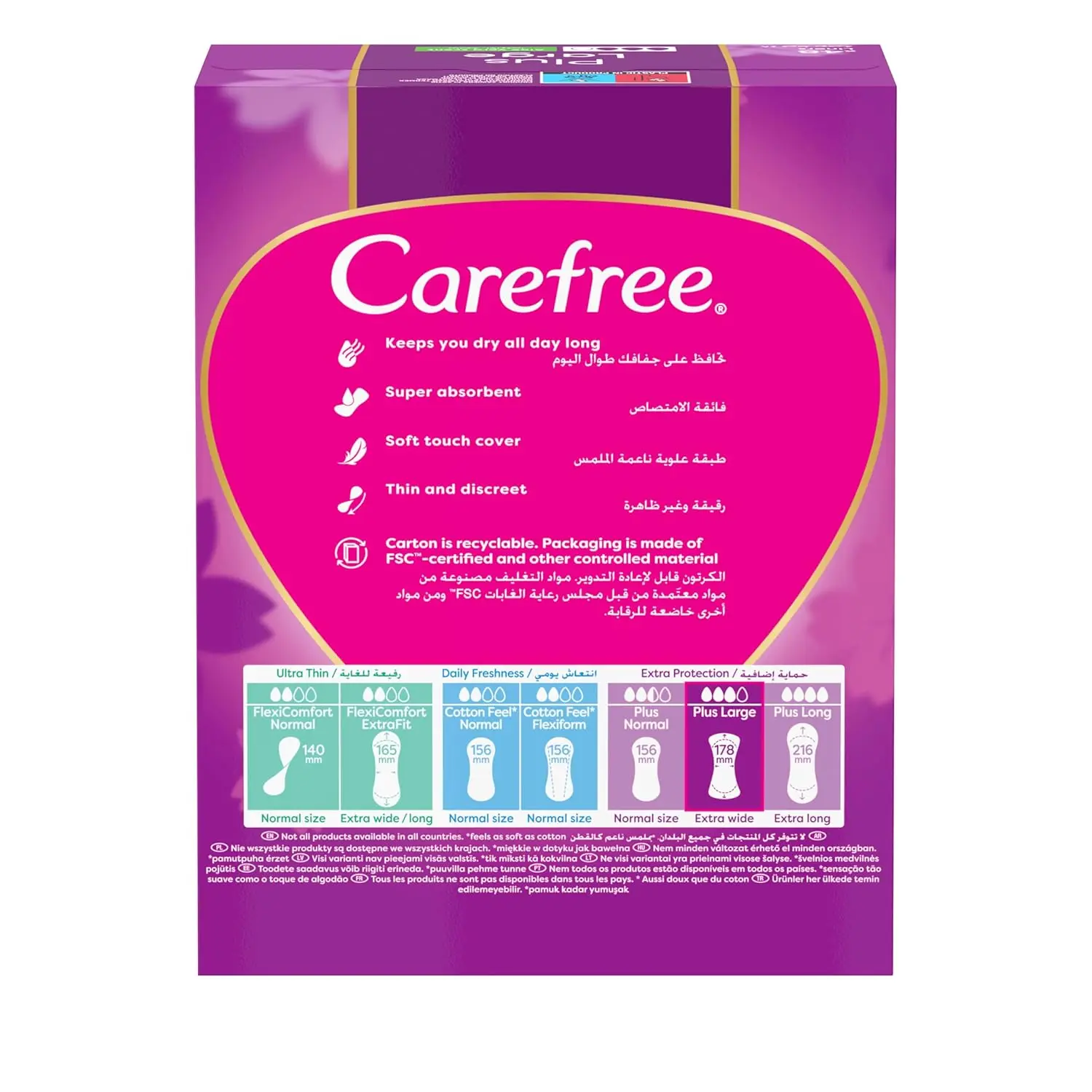 Carefree Large Aloe panty liners offer discreet, comfortable, and long-lasting protection with a super-absorbent core and soothing Aloe Vera for sensitive skin.