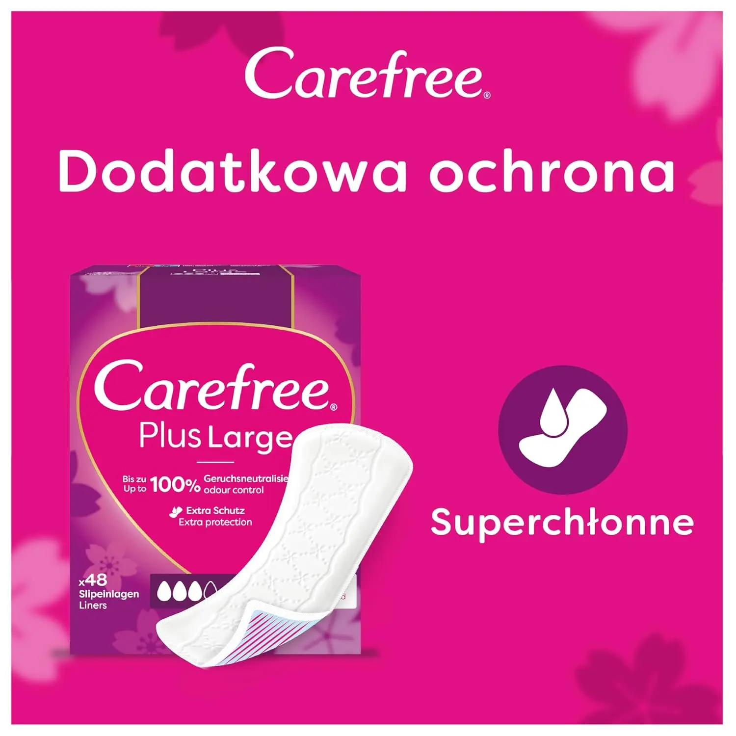 Carefree Large Aloe panty liners offer discreet, comfortable, and long-lasting protection with a super-absorbent core and soothing Aloe Vera for sensitive skin.