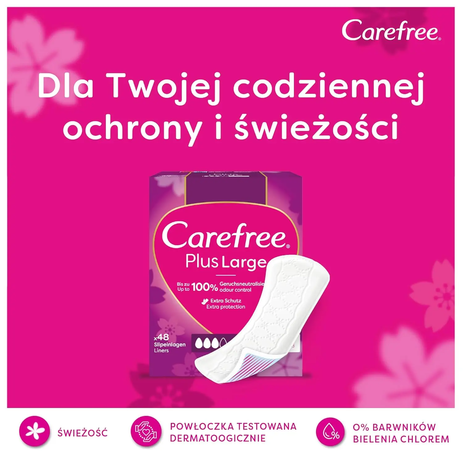 Carefree Large Aloe panty liners offer discreet, comfortable, and long-lasting protection with a super-absorbent core and soothing Aloe Vera for sensitive skin.