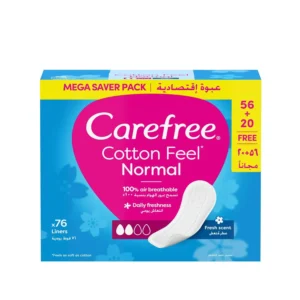 A pack of 76 Carefree daily panty liners with a soft, breathable cotton-feel cover for sensitive skin, providing comfortable and discreet protection between periods with a fresh scent.