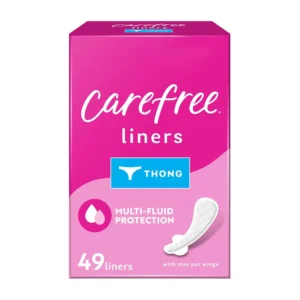 Carefree unscented thong panty liners provide daily comfort and protection against leaks and odors, featuring wings to stay in place and end-to-end adhesive.