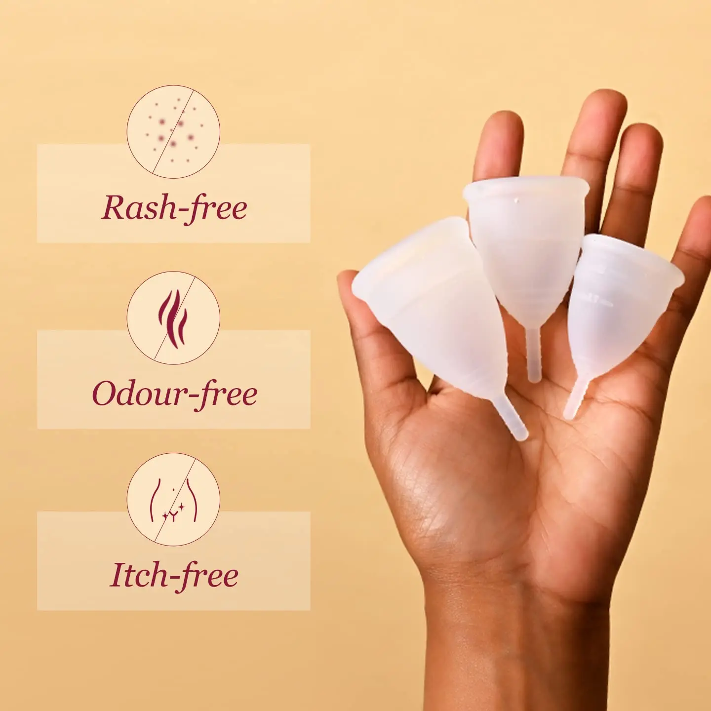 The Carmesi menstrual cup made of medical-grade silicone offers leak-free protection for up to 10 hours, providing a rash-free, odor-free, economical, and sustainable period care solution.